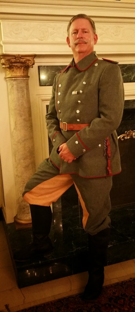 Full length shot. This is the 1909 tunic with 1916 pattern Reithosen or riding breeches. I am also wearing Bavarian Gefreiter insignia. 